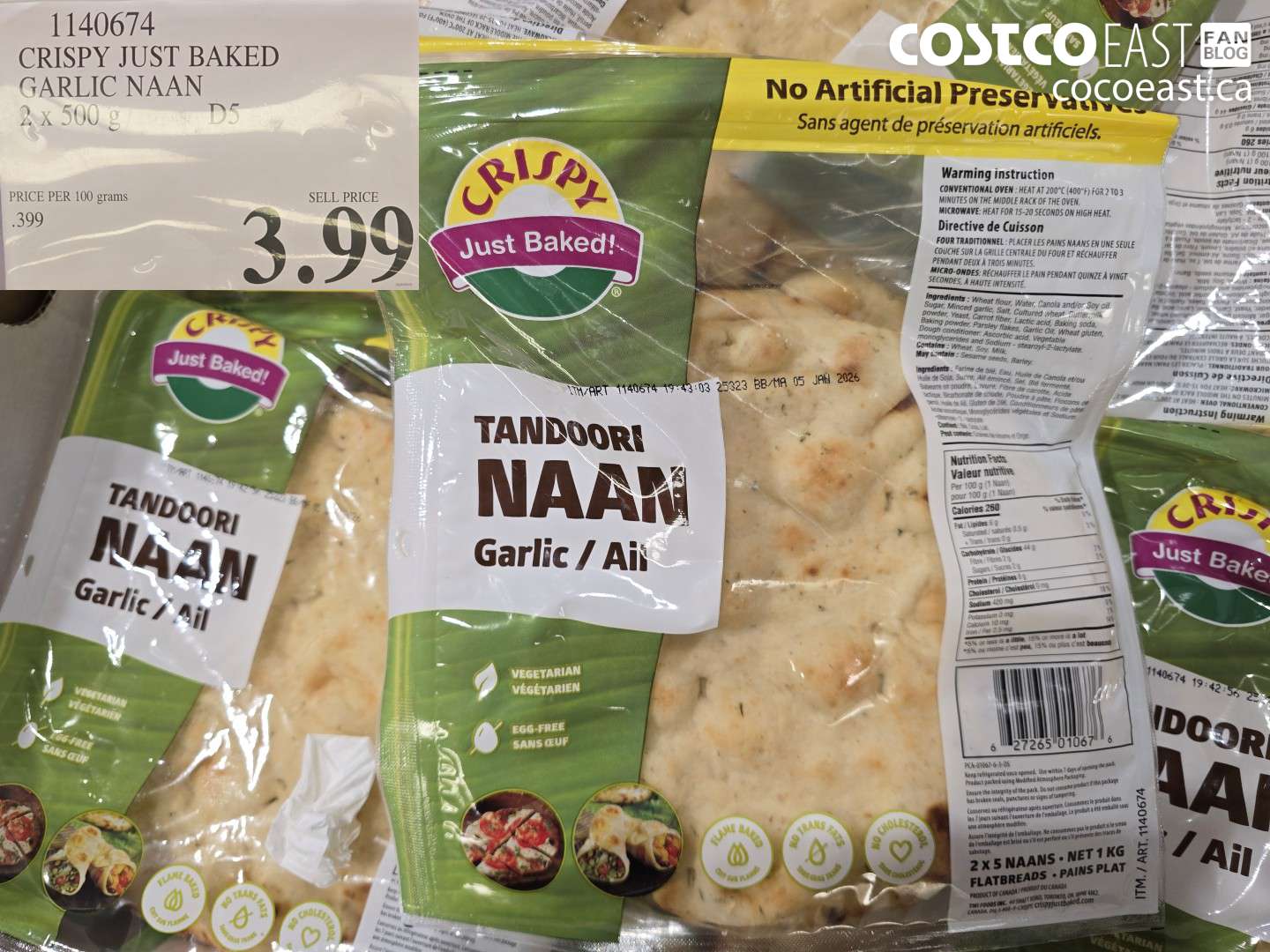 1140674 CRISPY JUST BAKED GARLIC NAAN 2 X 500G $3.99