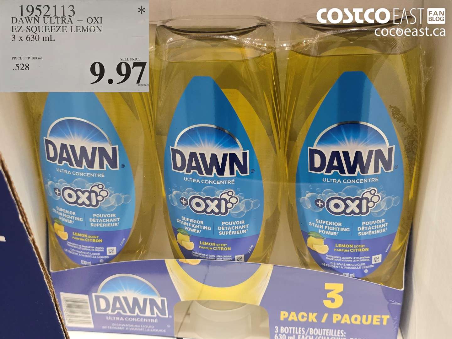 1952113 DAWN ULTRA + OXI EX-SQUEEZE LEMON 3 X 630 ML $9.97