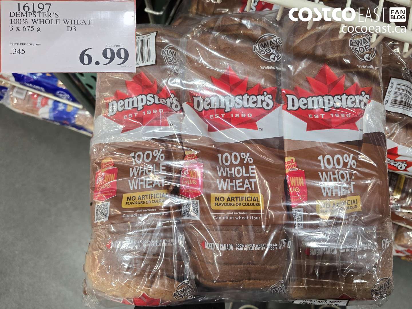 16197 DEMPSTER'S 100% WHOLE WHEAT 3 X 675 G $6.99
