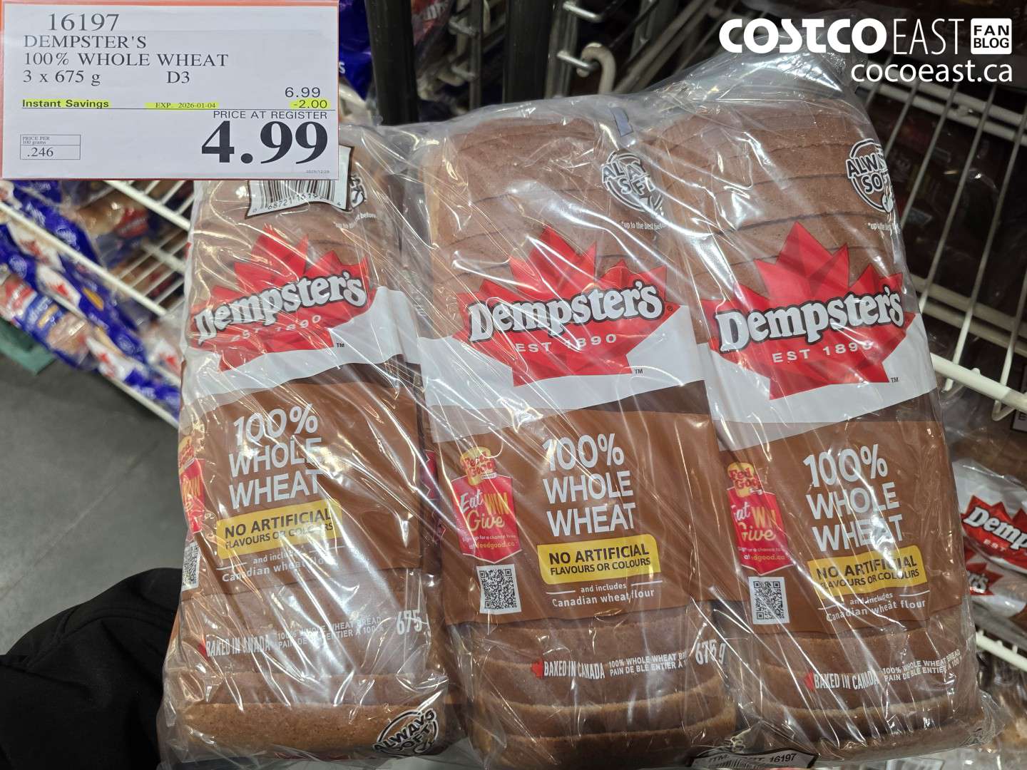 16197 DEMPSTER'S 100% WHOLE WHEAT 3 X 675 G ($2.00 INSTANT SAVINGS EXPIRES ON 2026-01-04) $4.99