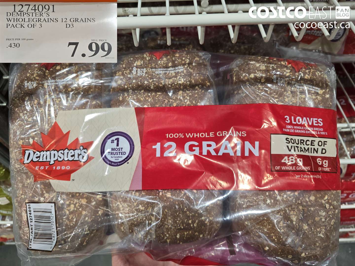 1274091 DEMPSTER'S WHOLEGRAINS 12 GRAINS PACK OF 3 $7.99
