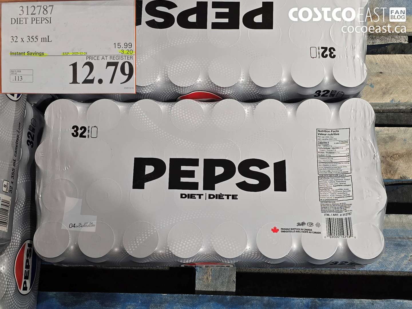 312787 DIET PEPSI 32 X 355 ML ($3.20 INSTANT SAVINGS EXPIRES ON 2025-12-28) $12.79