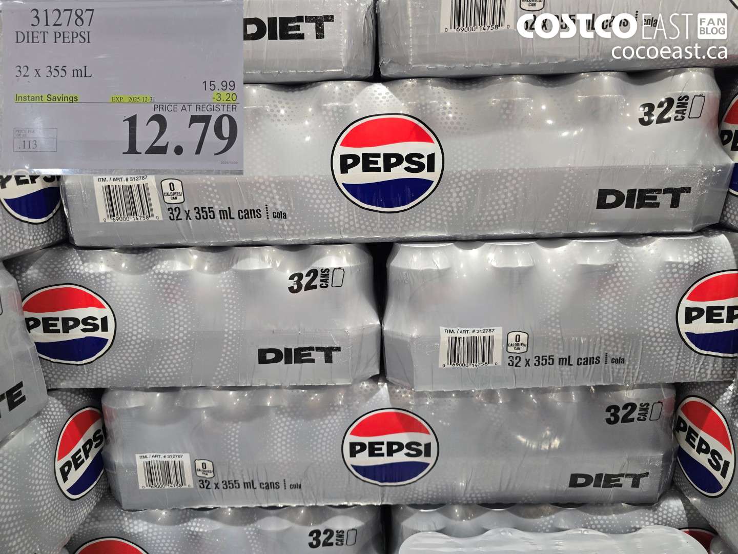 312787 DIET PEPSI 32 X 355 ML ($3.20 INSTANT SAVINGS EXPIRES ON 2025-12-31) $12.79