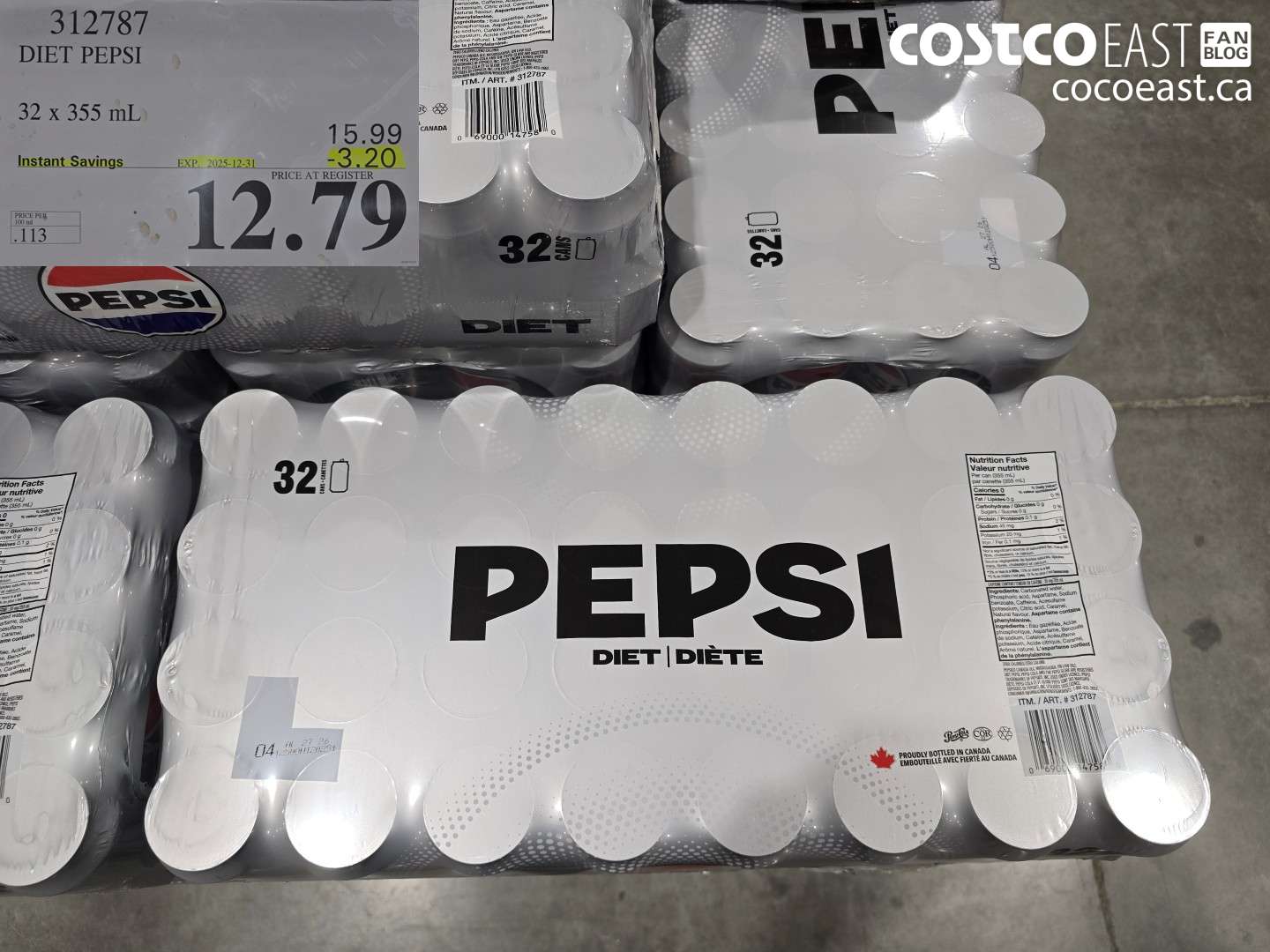 312787 DIET PEPSI 32 X 355 ML ($3.20 INSTANT SAVINGS EXPIRES ON 2025-12-31) $12.79