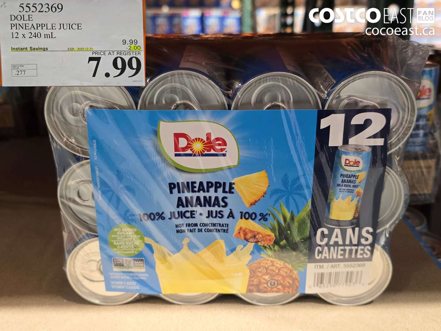 5552369 DOLE PINEAPPLE JUICE 12 x 240 mL ($2.00 INSTANT SAVINGS EXPIRES ON 2025-12-21) $7.99