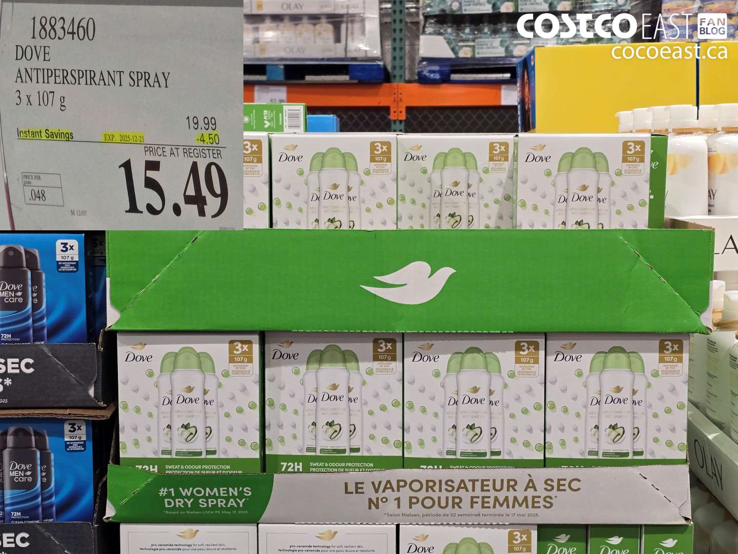 1883460 DOVE ANTIPERSPIRANT SPRAY 3 x 107 g ($4.50 INSTANT SAVINGS EXPIRES ON 2025-12-21) $15.49