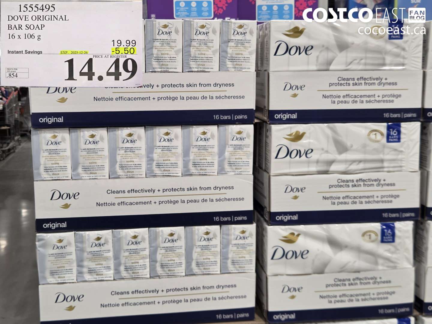 1555495 DOVE BAR SOAP ORIGINAL 16 x 106 g ($5.50 INSTANT SAVINGS EXPIRES ON 2025-12-26) $14.49