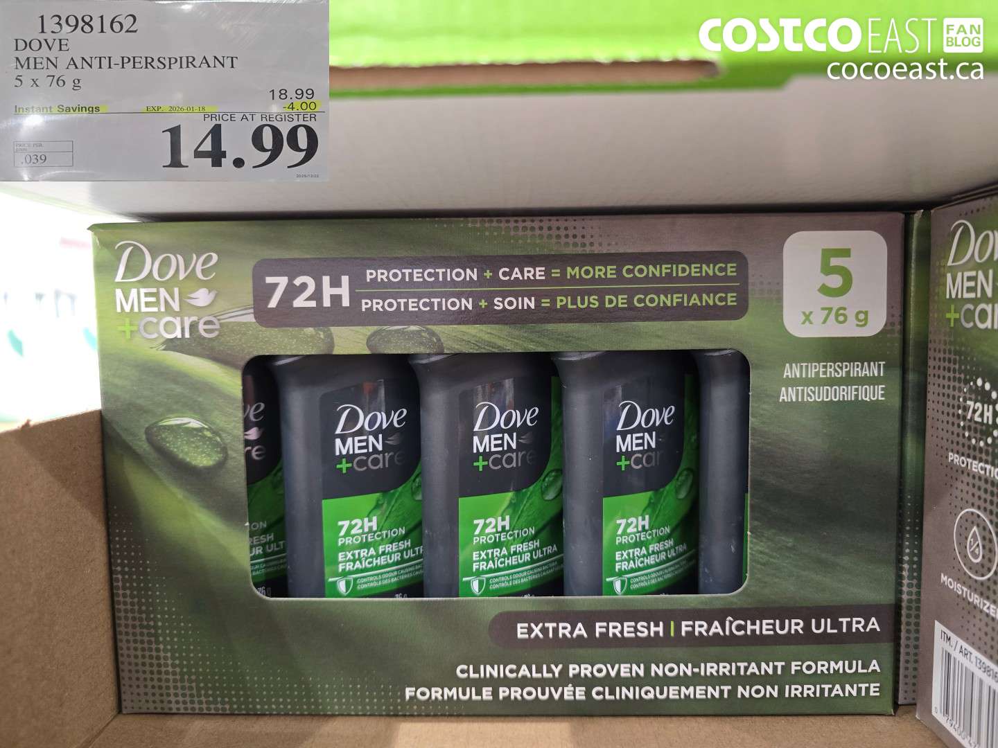 1398162 DOVE MEN ANTI-PERSPIRANT 5 x 76 g ($4.00 INSTANT SAVINGS EXPIRES ON 2026-01-18) $14.99