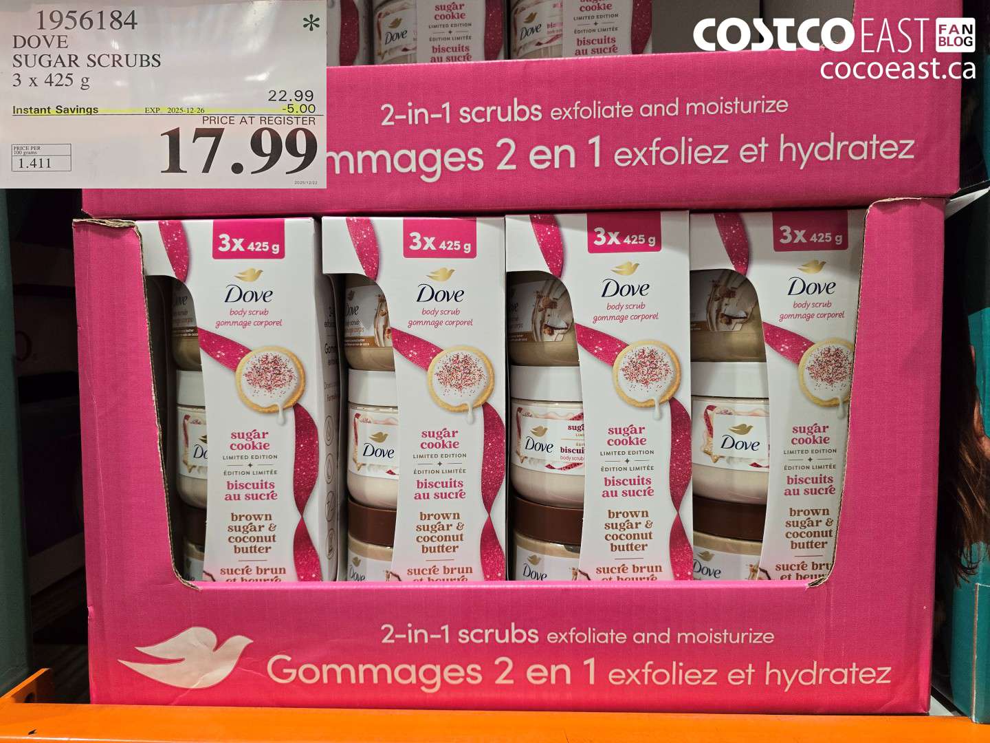 1956184 DOVE SUGAR SCRUBS 3x 425 g ($5.00 INSTANT SAVINGS EXPIRES ON 2025-12-26) $17.99