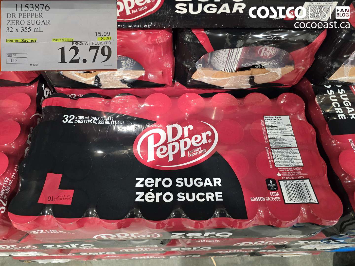 1153876 DR PEPPER ZERO SUGAR 32 x 355 ML ($3.20 INSTANT SAVINGS EXPIRES ON 2025-12-28) $12.79