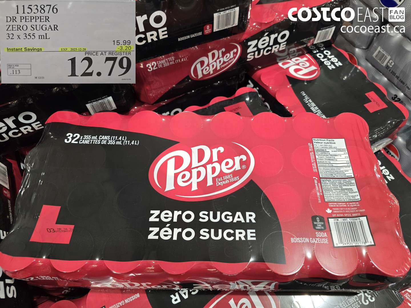 1153876 DR PEPPER ZERO SUGAR 32 x 355 ML ($3.20 INSTANT SAVINGS EXPIRES ON 2025-12-28) $12.79