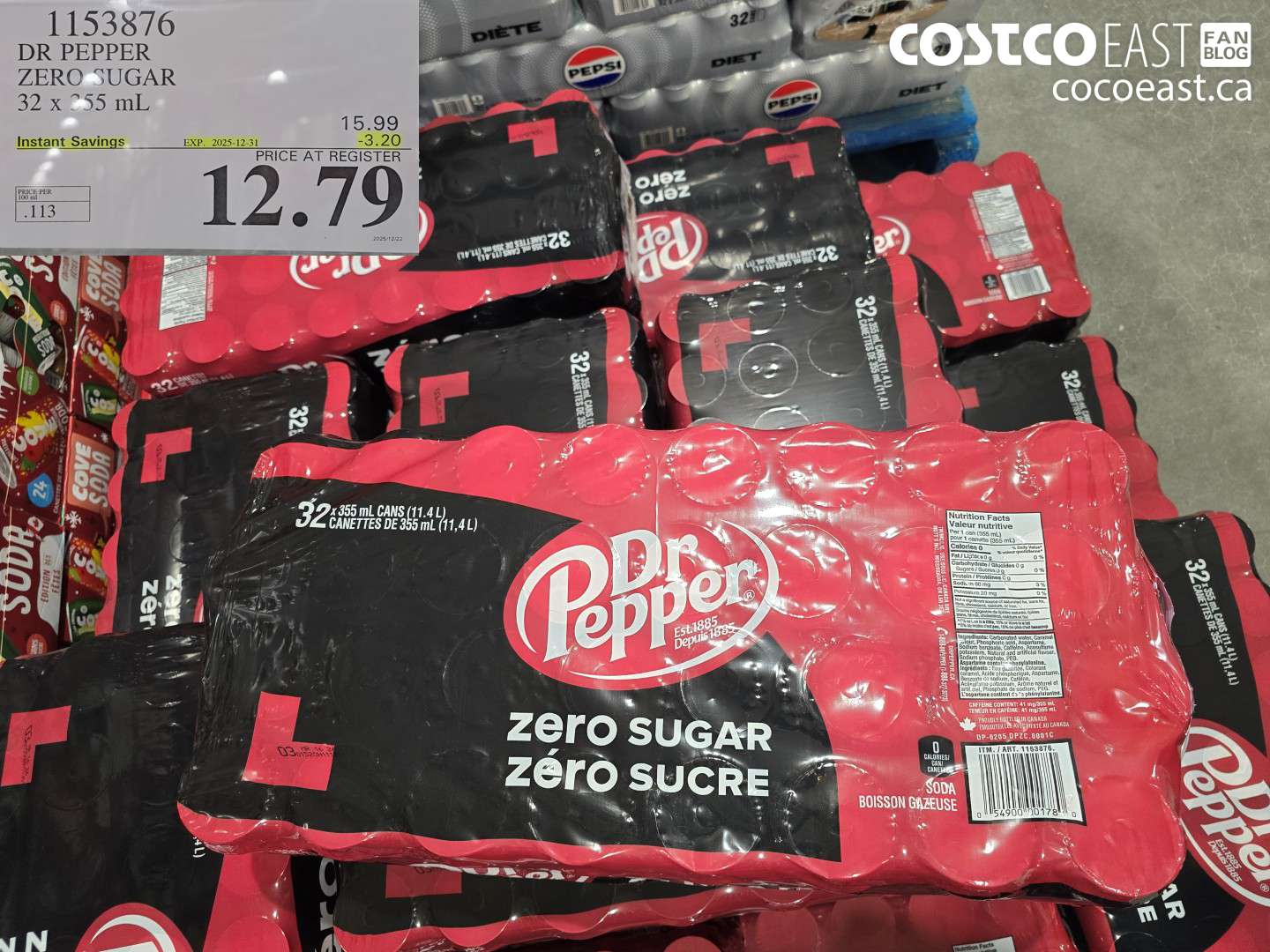 1153876 DR PEPPER ZERO SUGAR 32 x 355 ML ($3.20 INSTANT SAVINGS EXPIRES ON 2025-12-31) $12.79