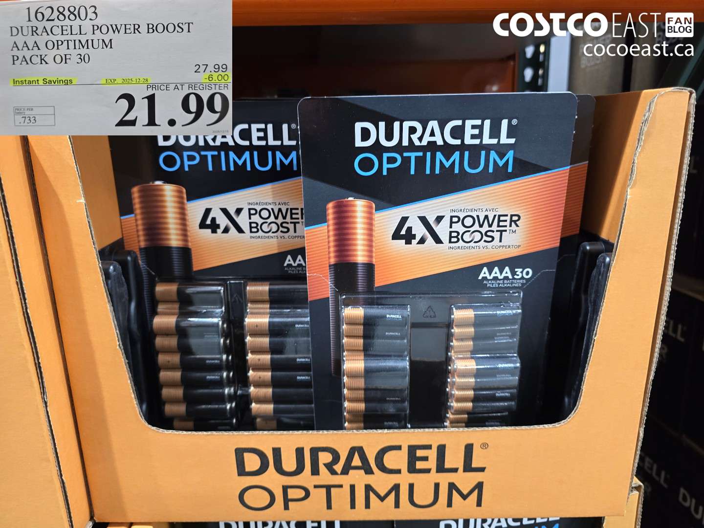 1628803 DURACELL POWER BOOST AAA OPTIMUM PACK OF 30 ($6.00 INSTANT SAVINGS EXPIRES ON 2025-12-28) $21.99
