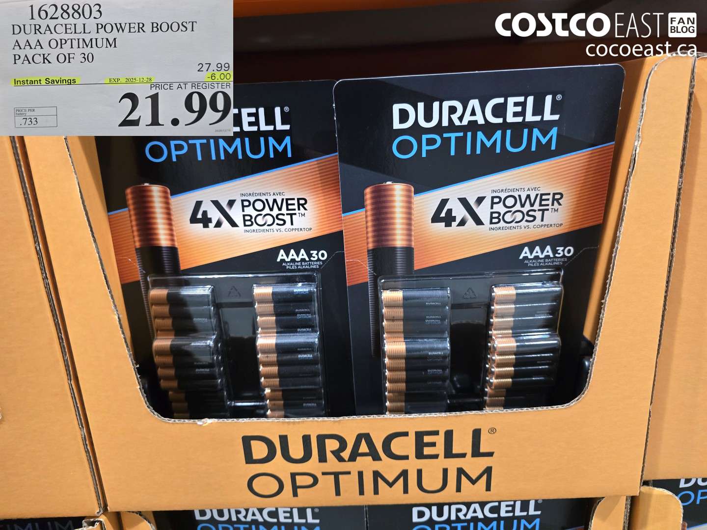 1628803 DURACELL POWER BOOST AAA OPTIMUM PACK OF 30 ($6.00 INSTANT SAVINGS EXPIRES ON 2025-12-28) $21.99
