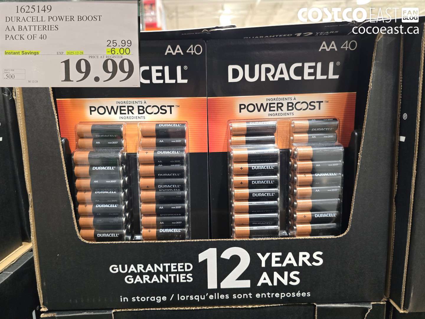 1625149 DURACELL POWER BOOST AA BATTERIES PACK OF 40 ($6.00 INSTANT SAVINGS EXPIRES ON 2025-12-28) $19.99