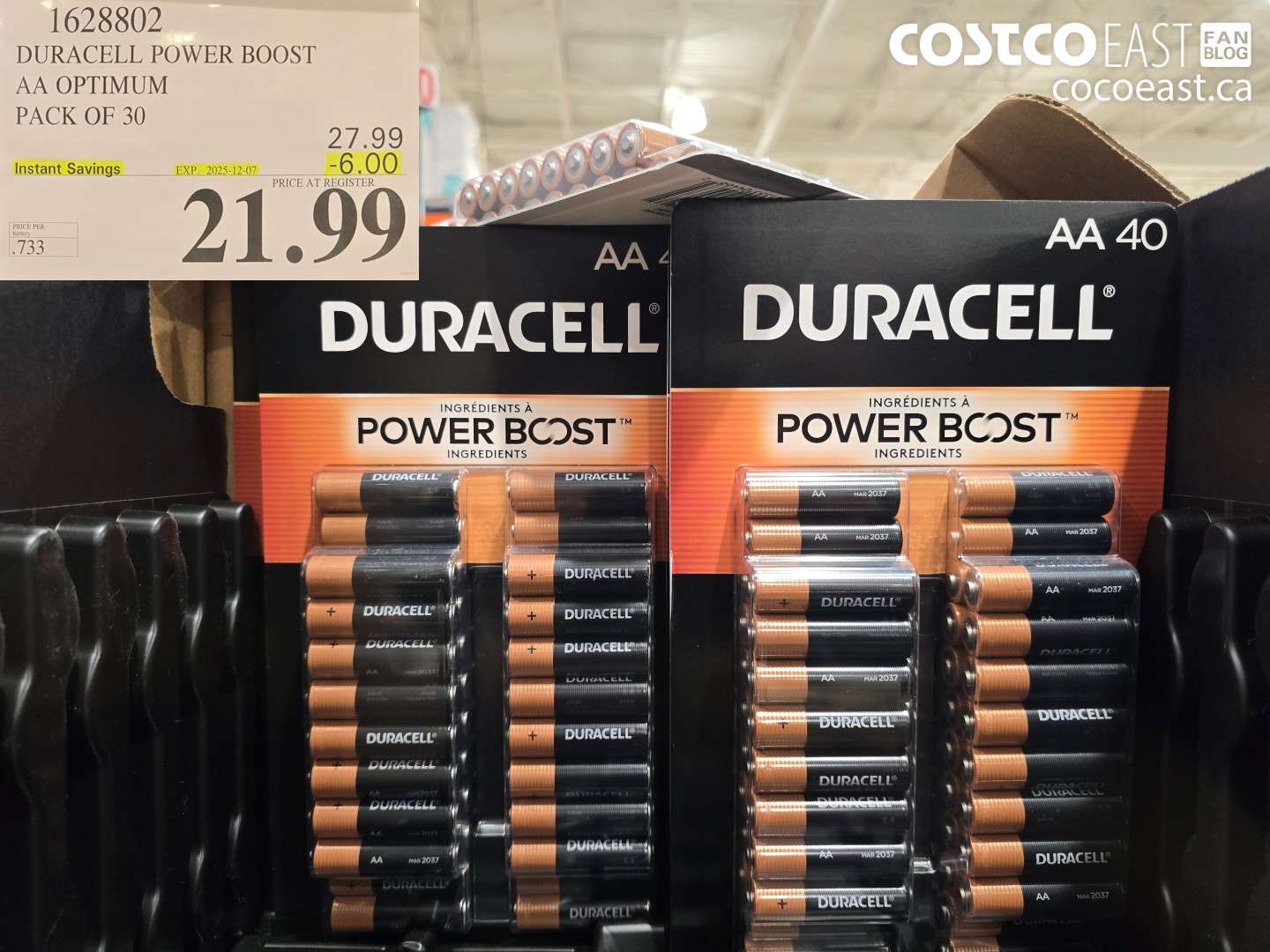 1628802 DURACELL POWER BOOST AA OPTIMUM PACK OF 30 ($6.00 INSTANT SAVINGS EXPIRES ON 2025-12-07) $21.99