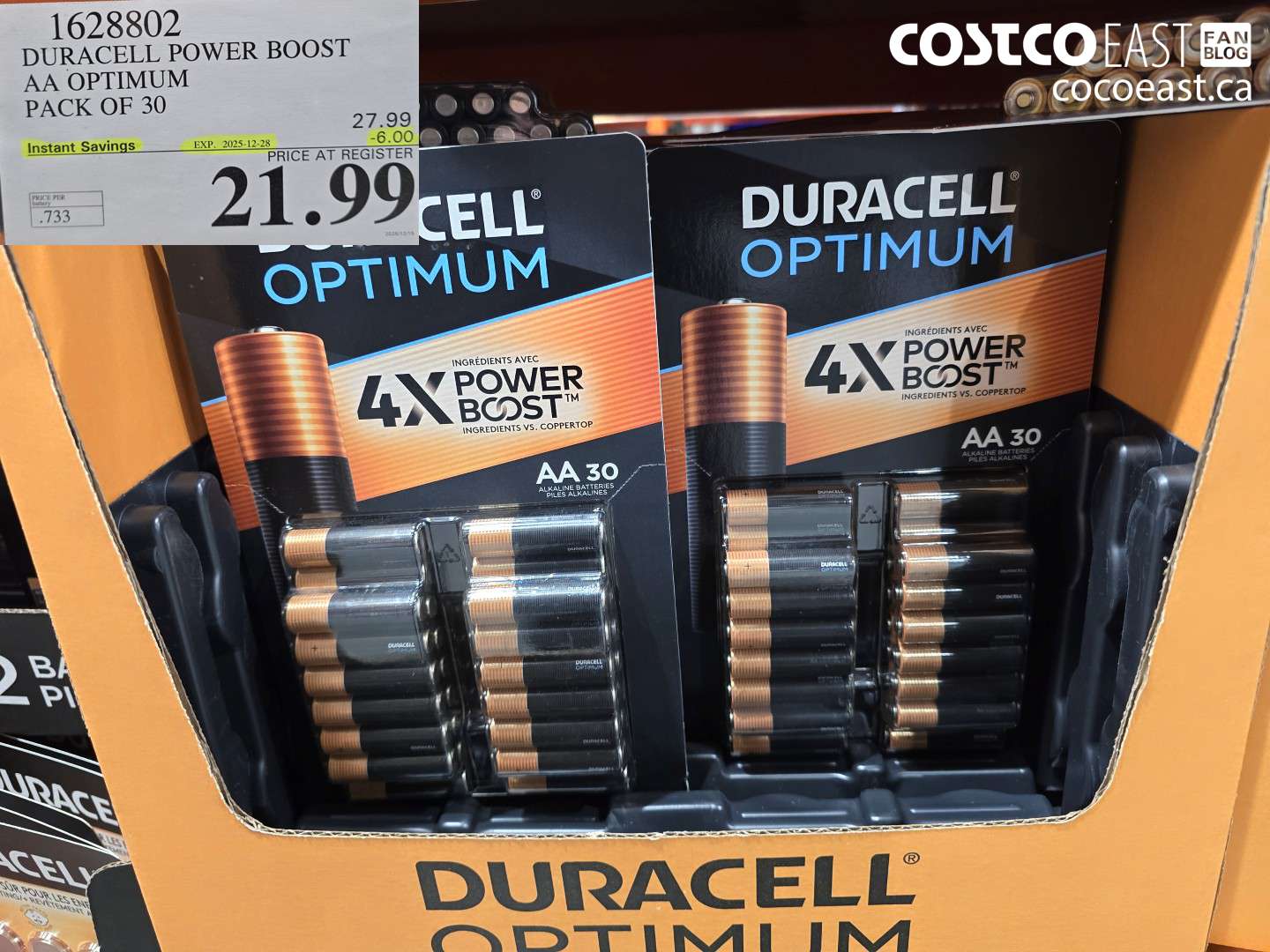 1628802 DURACELL POWER BOOST AA OPTIMUM PACK OF 30 ($6.00 INSTANT SAVINGS EXPIRES ON 2025-12-28) $21.99