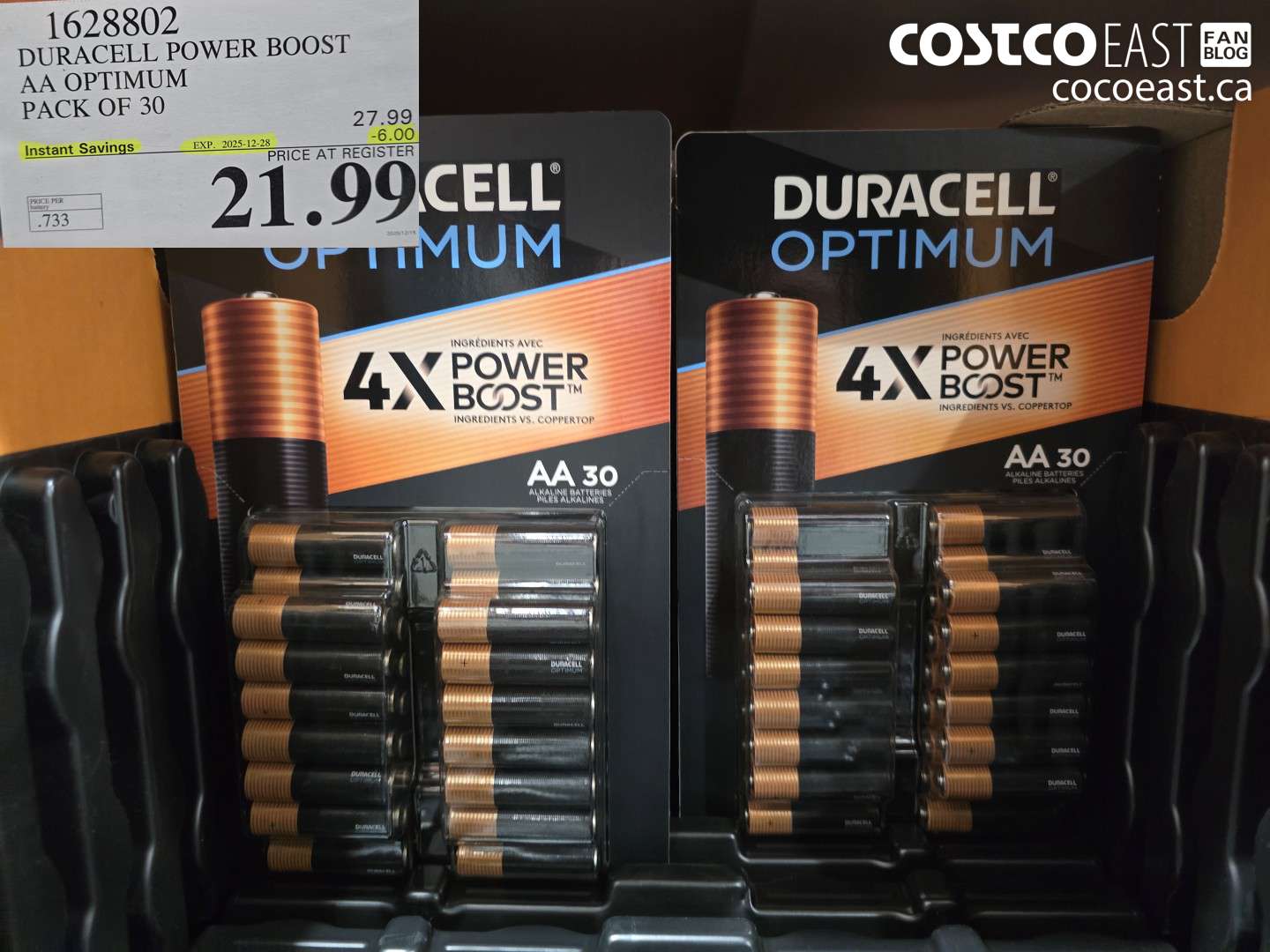 1628802 DURACELL POWER BOOST AA OPTIMUM PACK OF 30 ($6.00 INSTANT SAVINGS EXPIRES ON 2025-12-28) $21.99