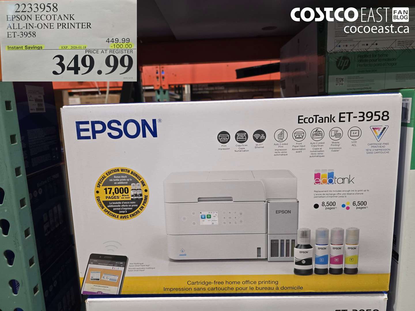 2233958 EPSON ECOTANK ALL-IN-ONE PRINTER ET-3958 ($100.00 INSTANT SAVINGS EXPIRES ON 2026-01-18) $349.99