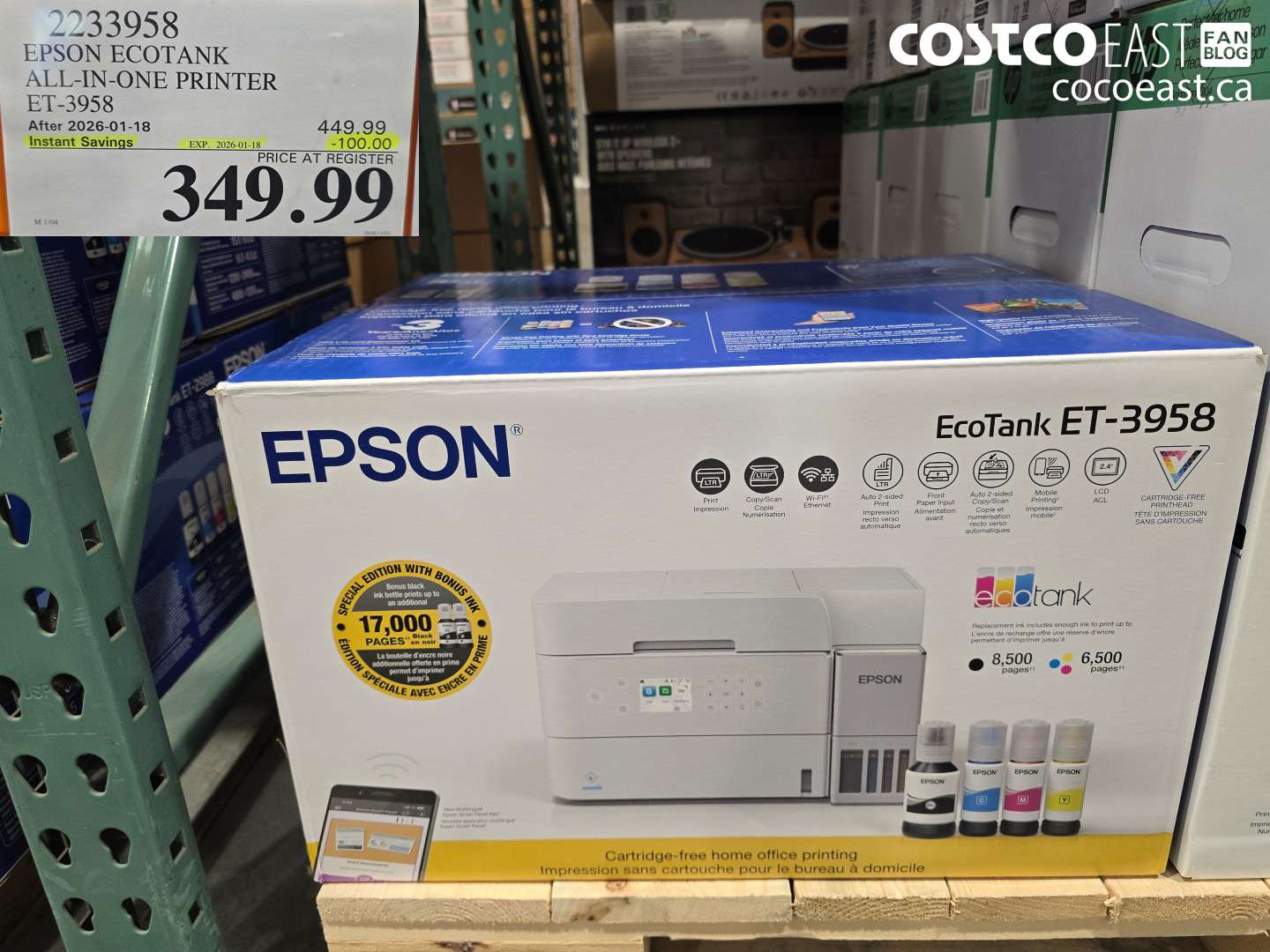 2233958 EPSON ECOTANK ALL-IN-ONE PRINTER ET-3958 ($100.00 INSTANT SAVINGS EXPIRES ON 2026-01-18) $349.99