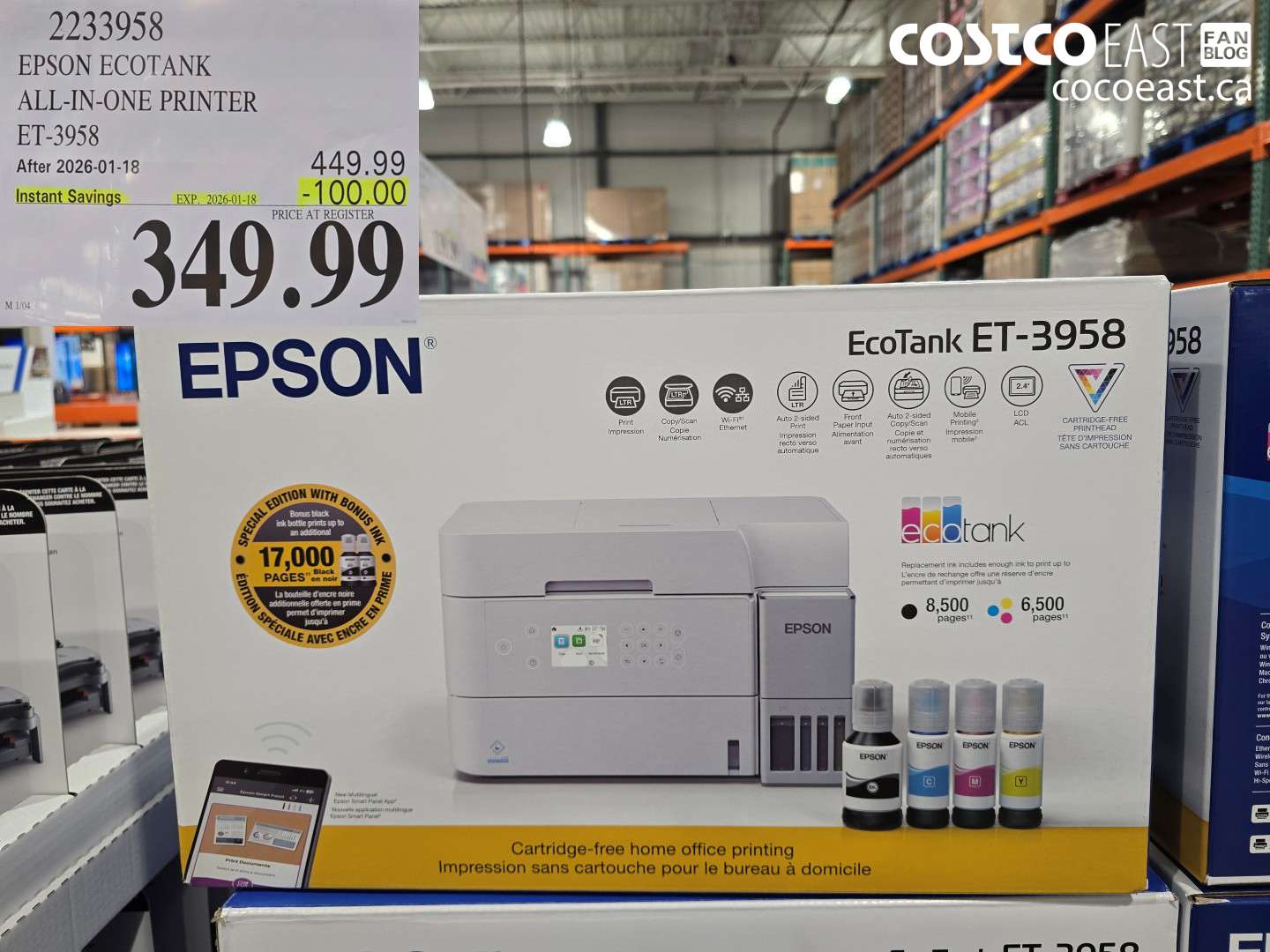 2233958 EPSON ECOTANK ALL-IN-ONE PRINTER ET-3958 ($100.00 INSTANT SAVINGS EXPIRES ON 2026-01-18) $349.99