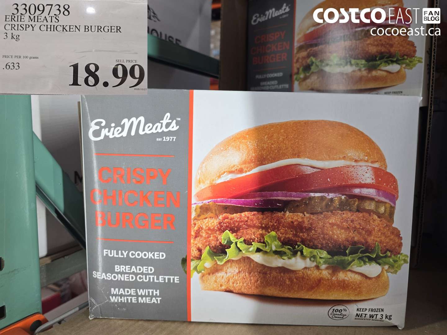 3309738 ERIE MEATS CRISPY CHICKEN BURGER 3 kg $18.99