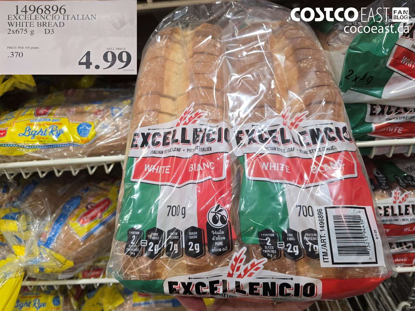 1496896 EXCELENCIO ITALIAN WHITE BREAD 2 X 675 G $4.99