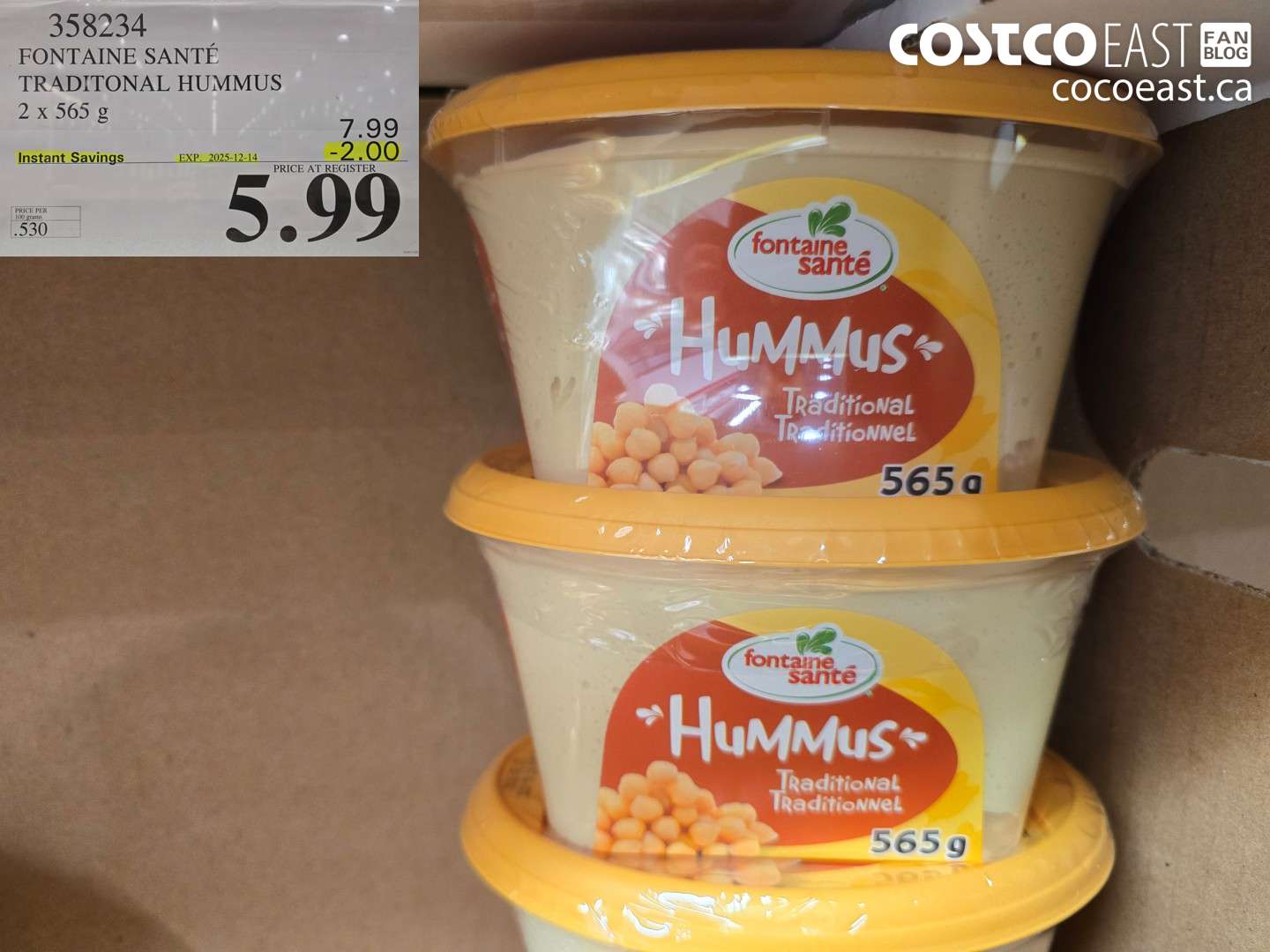 358234 FONTAINE SANTE TRADITIONAL HUMMUS 2 x 565 G ($2.00 INSTANT SAVINGS EXPIRES ON 2025-12-14) $5.99