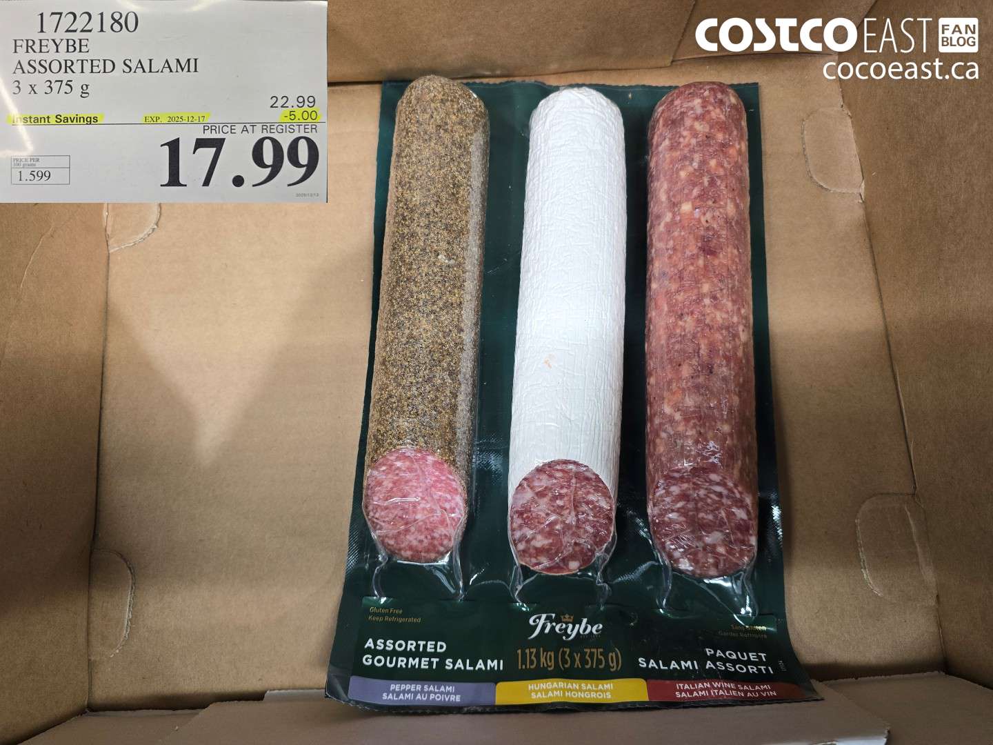 1722180 FREYBE ASSORTED SALAMI 3 x 375 G ($5.00 INSTANT SAVINGS EXPIRES ON 2025-12-17) $17.99