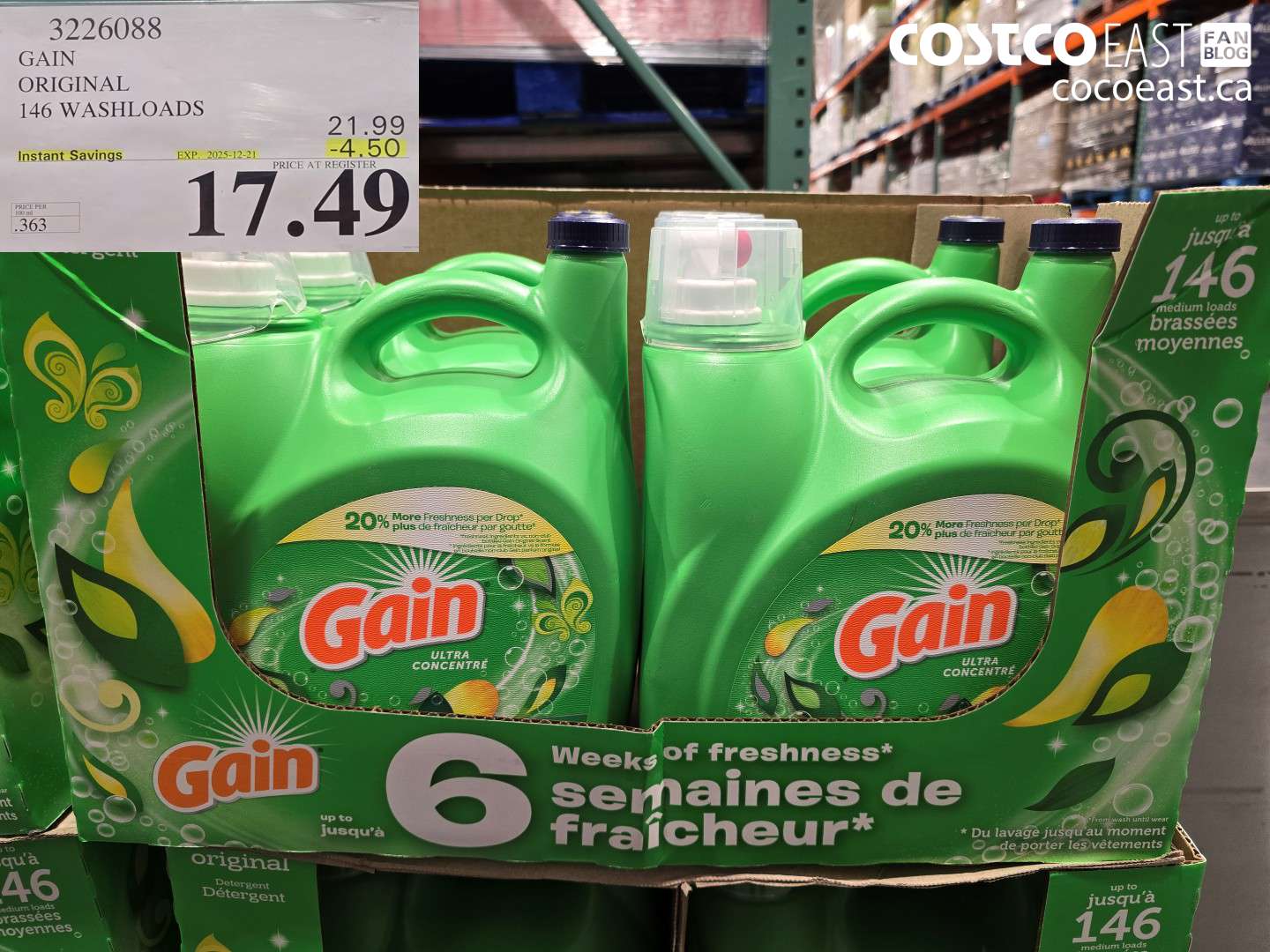 3226088 GAIN ORIGINAL 146 WASHLOADS ($4.50 INSTANT SAVINGS EXPIRES ON 2025-12-21) $17.49