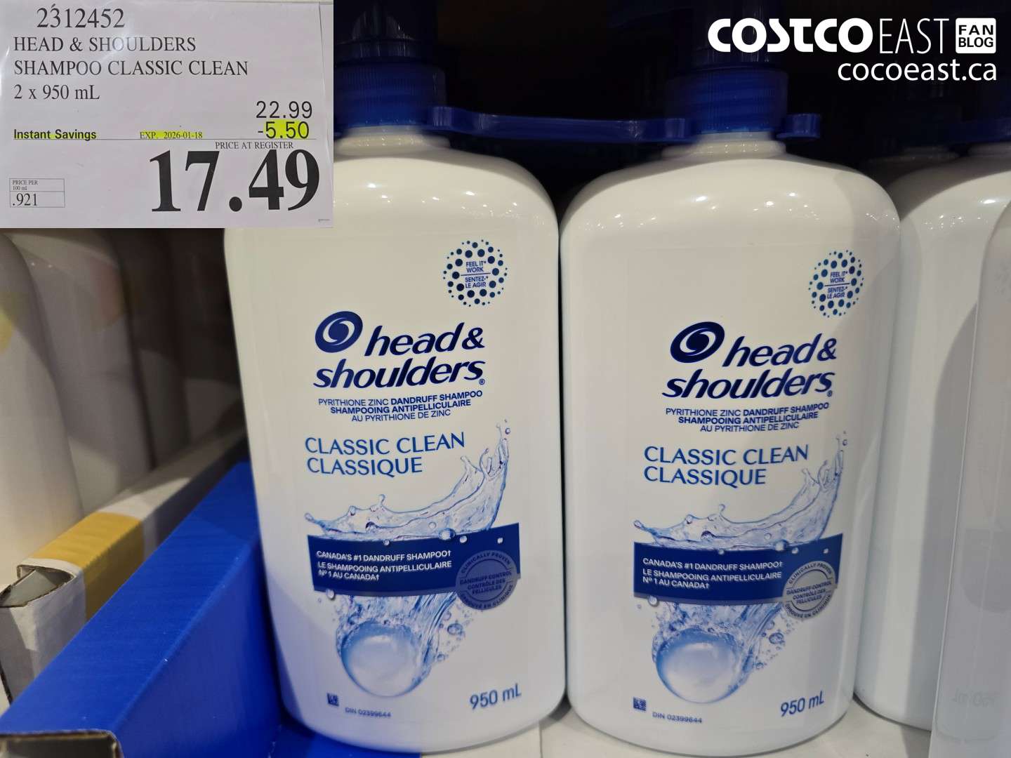 2312452 HEAD & SHOULDERS SHAMPOO CLASSIC CLEAN 2 X 950 ML ($5.50 INSTANT SAVINGS EXPIRES ON 2026-01-18) $17.49