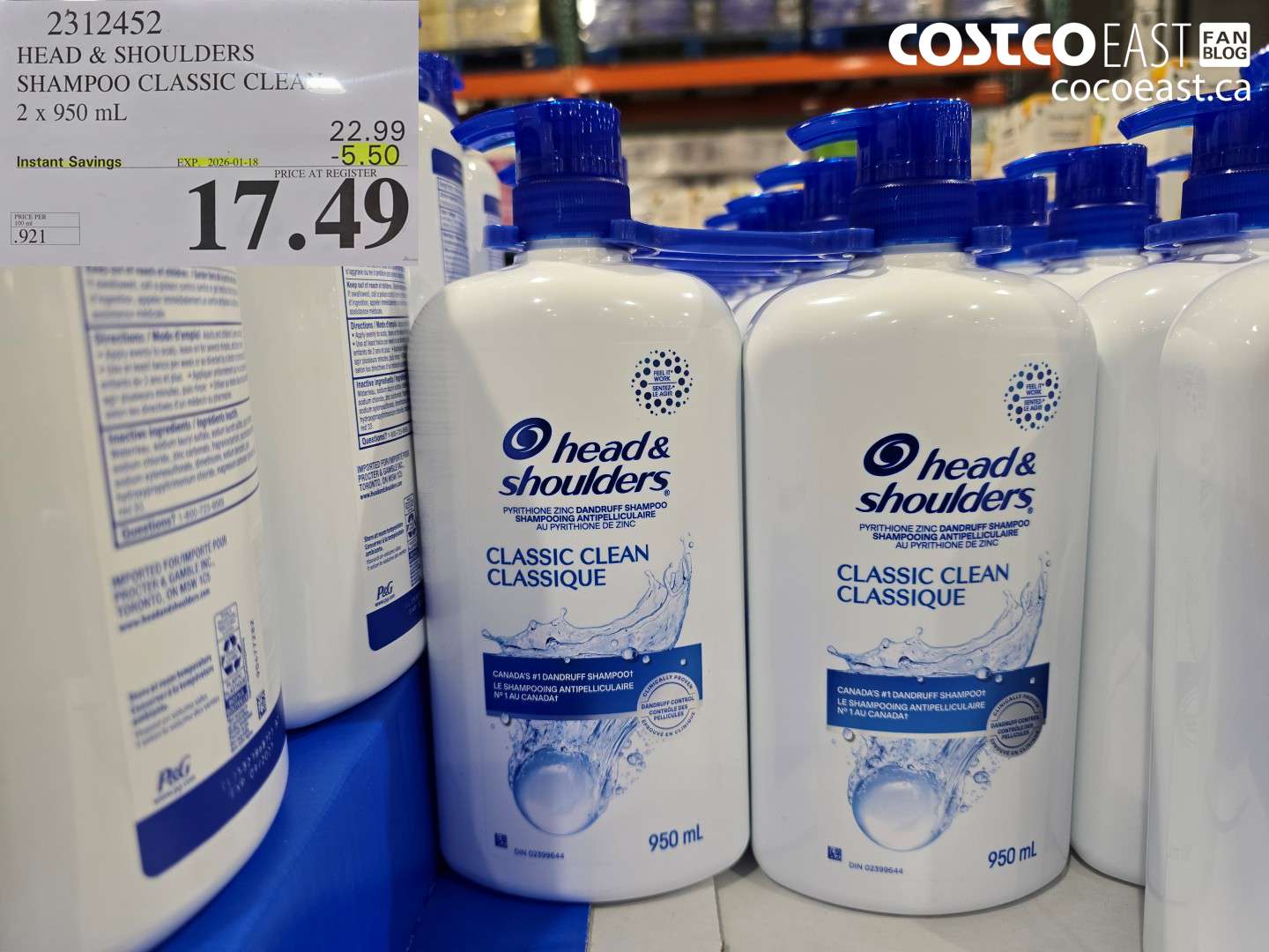 2312452 HEAD & SHOULDERS SHAMPOO CLASSIC CLEAN 2 X 950 ML ($5.50 INSTANT SAVINGS EXPIRES ON 2026-01-18) $17.49