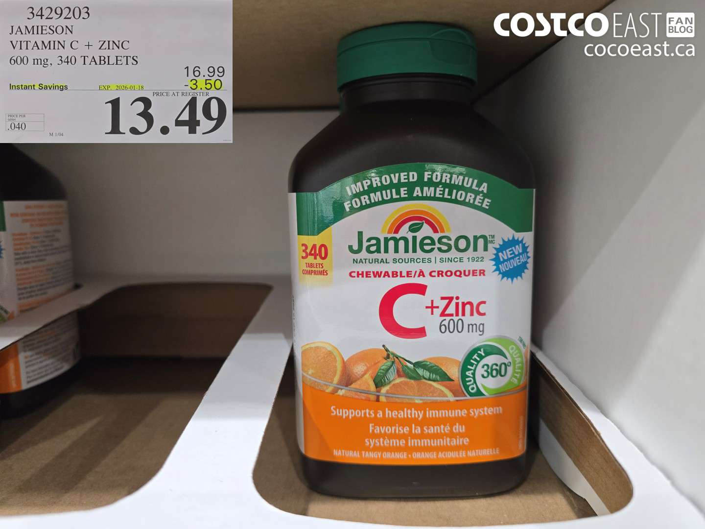 3429203 JAMIESON VITAMIN C + ZINC 600 mg, 340 TABLETS ($3.50 INSTANT SAVINGS EXPIRES ON 2026-01-18) $13.49
