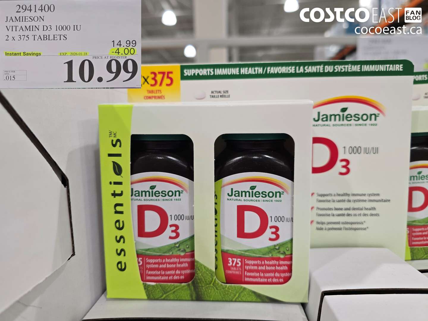 2941400 JAMIESON VITAMIN D3 1000 IU 2 X 375 TABLETS ($4.00 INSTANT SAVINGS EXPIRES ON 2026-01-18) $10.99