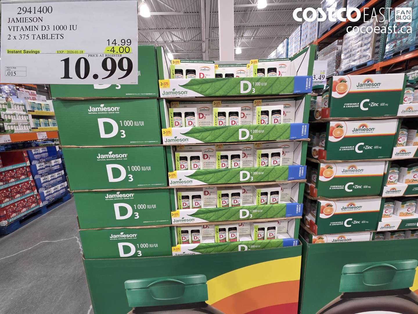 2941400 JAMIESON VITAMIN D3 1000 IU 2 X 375 TABLETS ($4.00 INSTANT SAVINGS EXPIRES ON 2026-01-18) $10.99