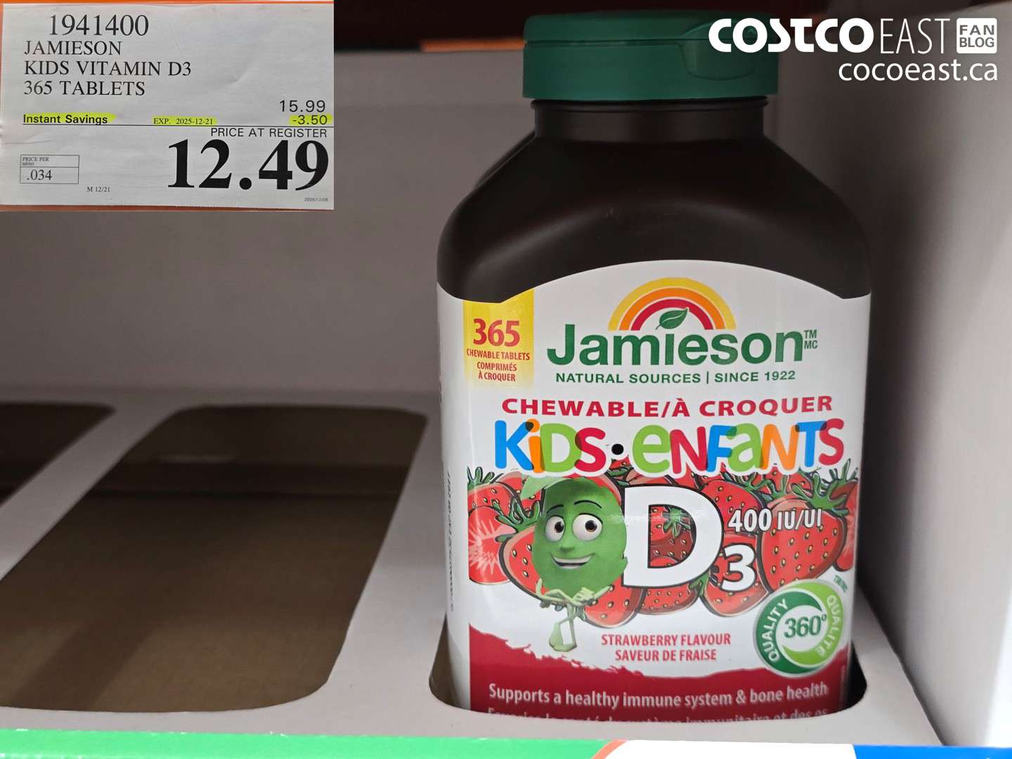1941400 JAMIESON VITAMIN D3 FOR KIDS 365 TABLETS ($3.50 INSTANT SAVINGS EXPIRES ON 2025-12-21) $12.49