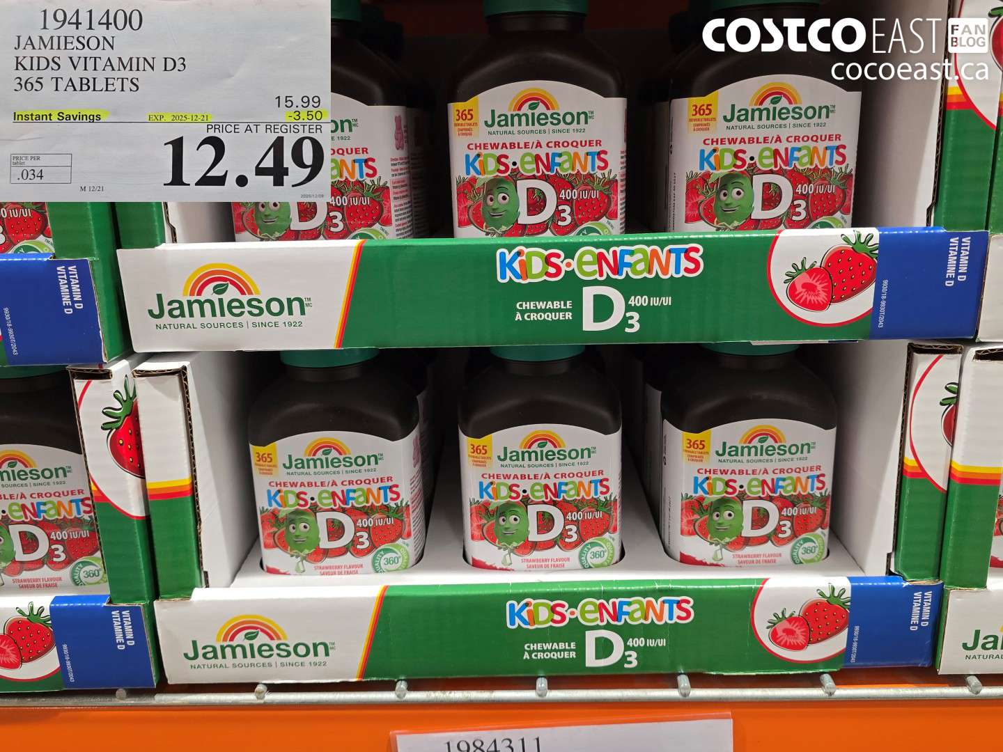 1941400 JAMIESON VITAMIN D3 FOR KIDS 365 TABLETS ($3.50 INSTANT SAVINGS EXPIRES ON 2025-12-21) $12.49