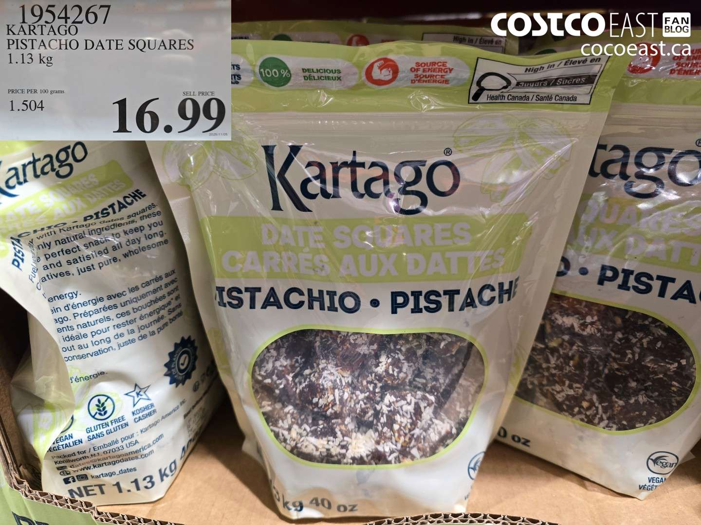 1954267 KARTAGO PISTACHO DATE SQUARES 1.13 KG $16.99