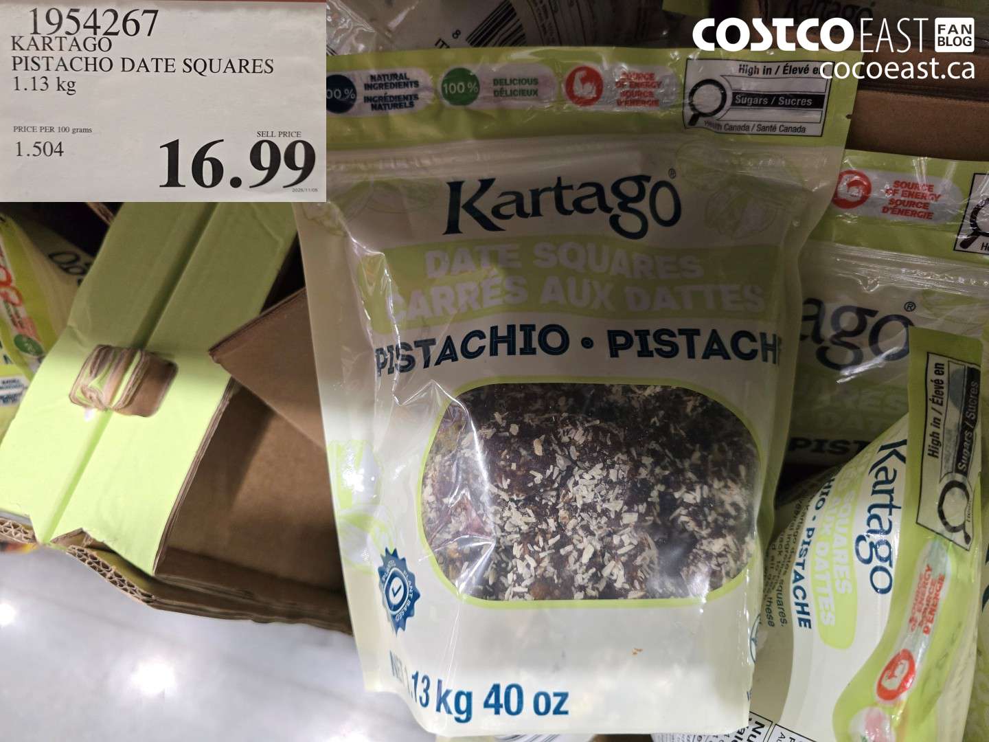 1954267 KARTAGO PISTACHO DATE SQUARES 1.13 KG $16.99