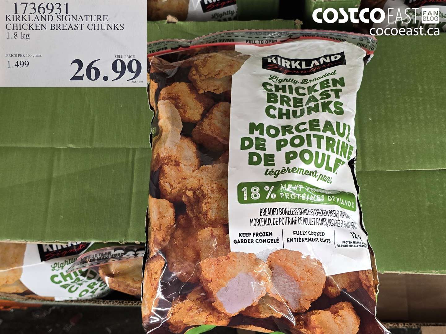1736931 KIRKLAND SIGNATURE CHICKEN BREAST CHUNKS 1.8 KG $26.99