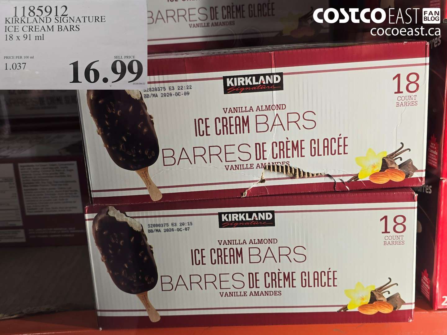 1185912 KIRKLAND SIGNATURE ICE CREAM BARS 18 x 91 ml $16.99