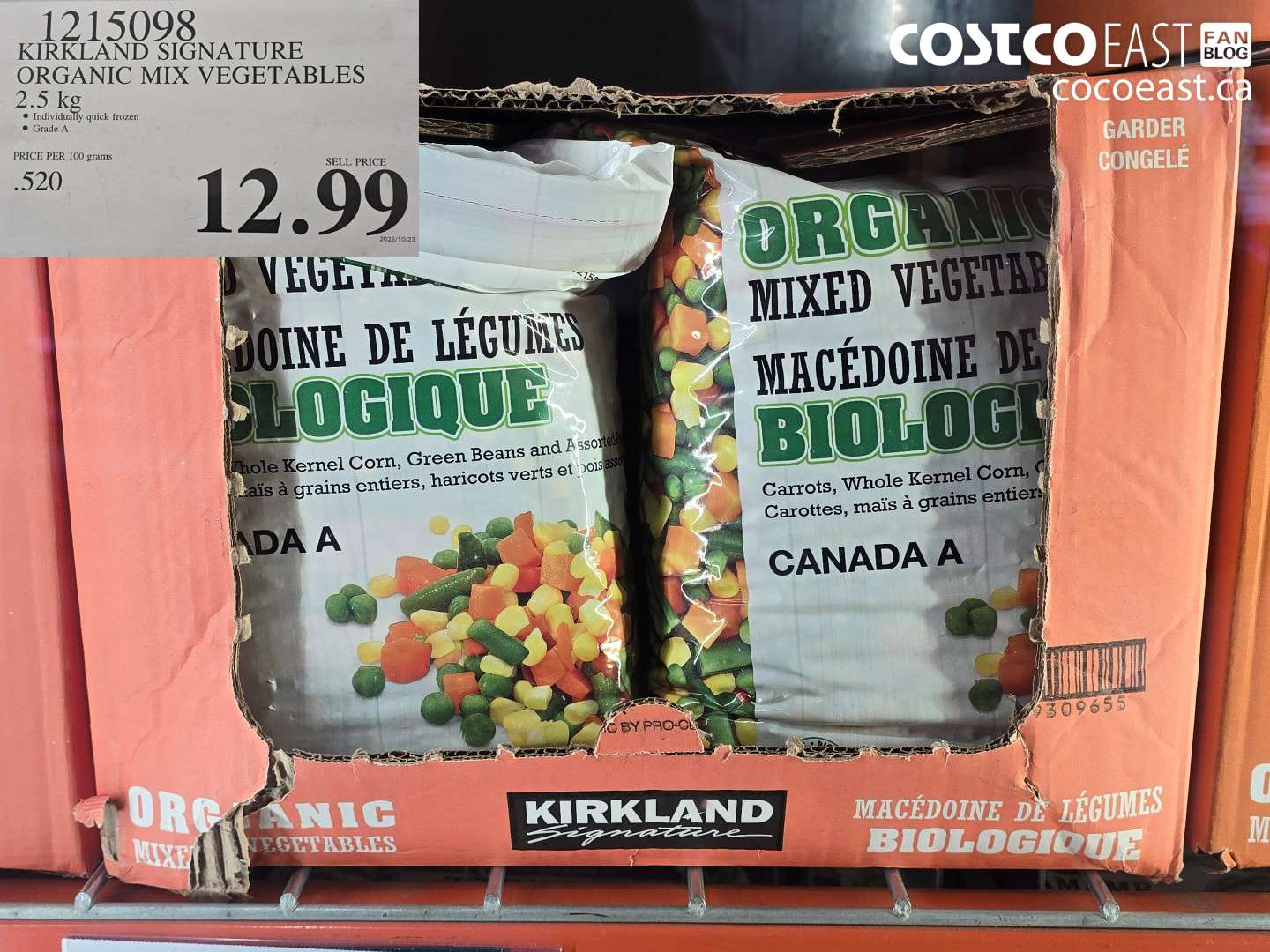 1215098 KIRKLAND SIGNATURE ORGANIC MIX VEGETABLES 2.5 KG $12.99