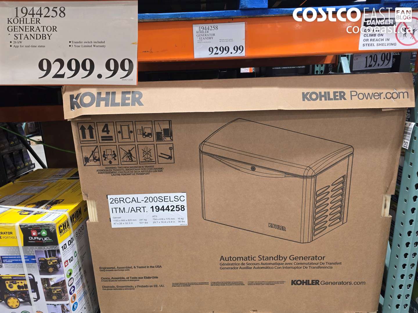 1944258 KOHLER GENERATOR STANDBY $9299.99
