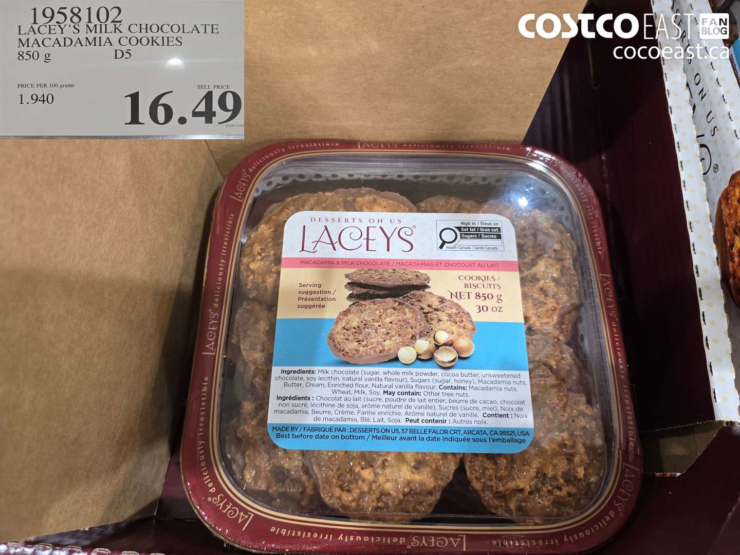 1958102 LACEY'S MILK CHOCOLATE MACADAMIA COOKIES 850 G $16.49