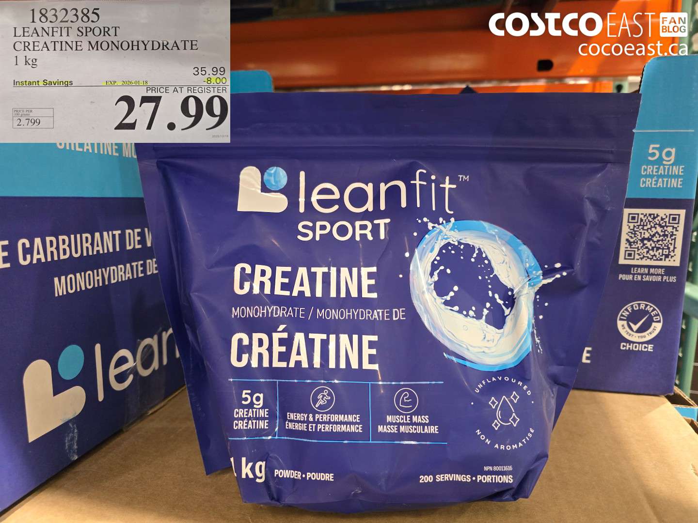 1832385 LEANFIT SPORT CREATINE MONOHYDRATE 1 KG ($8.00 INSTANT SAVINGS EXPIRES ON 2026-01-18) $27.99