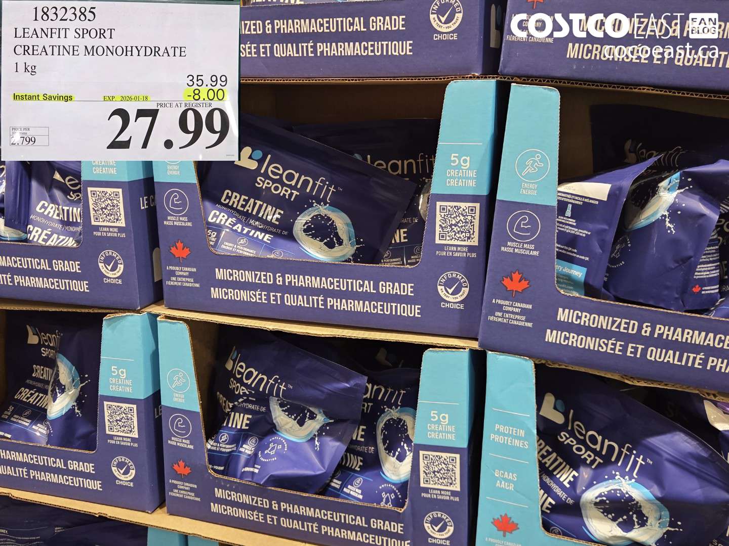 1832385 LEANFIT SPORT CREATINE MONOHYDRATE 1 KG ($8.00 INSTANT SAVINGS EXPIRES ON 2026-01-18) $27.99