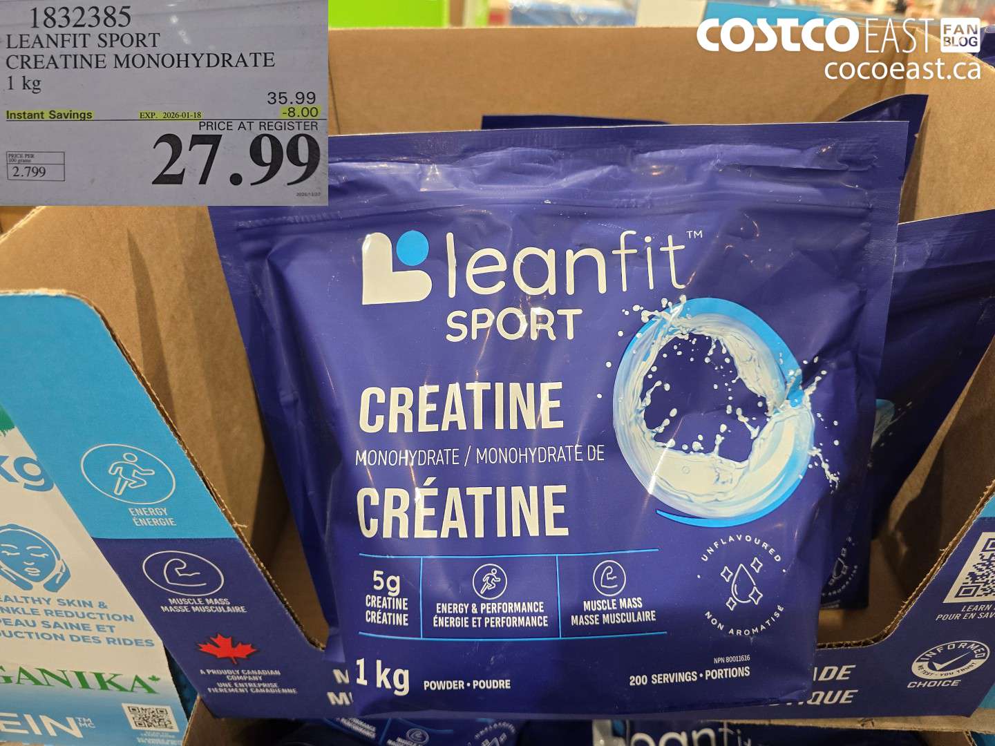 1832385 LEANFIT SPORT CREATINE MONOHYDRATE 1 KG ($8.00 INSTANT SAVINGS EXPIRES ON 2026-01-18) $27.99