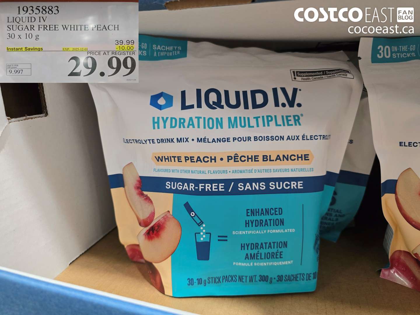 1935883 LIQUID IV SUGAR FREE WHITE PEACH 30 x 10 g ($10.00 INSTANT SAVINGS EXPIRES ON 2025-12-01) $29.99