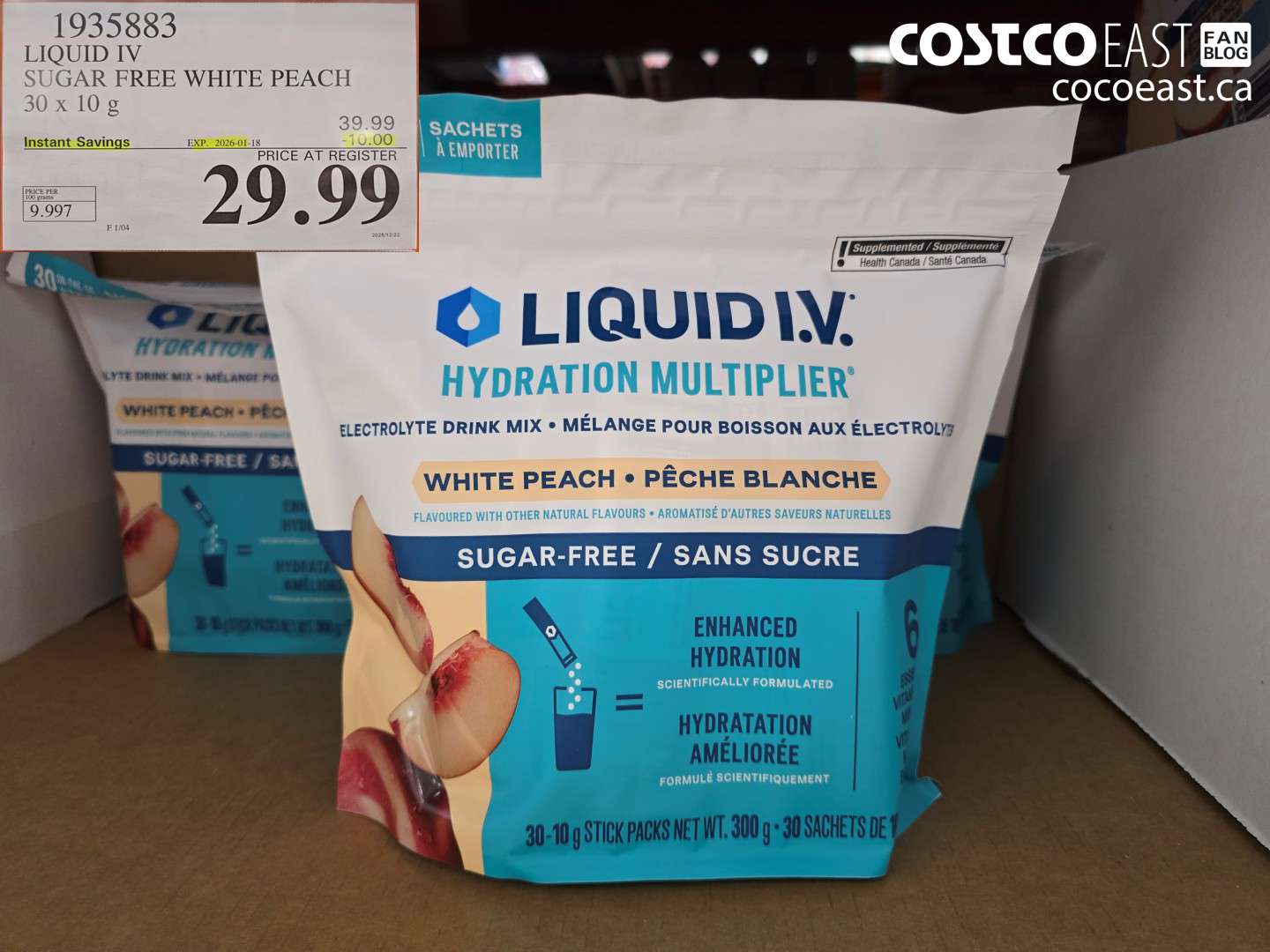 1935883 LIQUID IV SUGAR FREE WHITE PEACH 30 x 10 g ($10.00 INSTANT SAVINGS EXPIRES ON 2026-01-18) $29.99