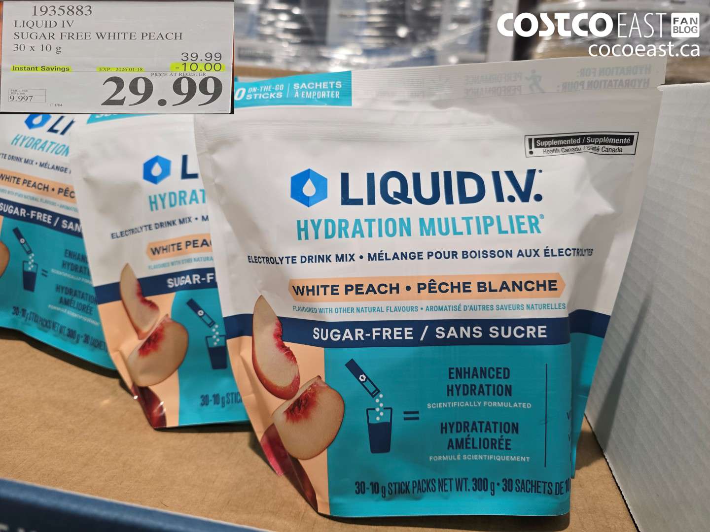 1935883 LIQUID IV SUGAR FREE WHITE PEACH 30 x 10 g ($10.00 INSTANT SAVINGS EXPIRES ON 2026-01-18) $29.99